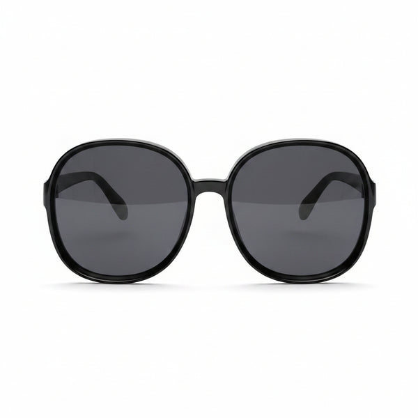 www.bhplus.shop black oversized round frame sunglasses with dark grey lenses.