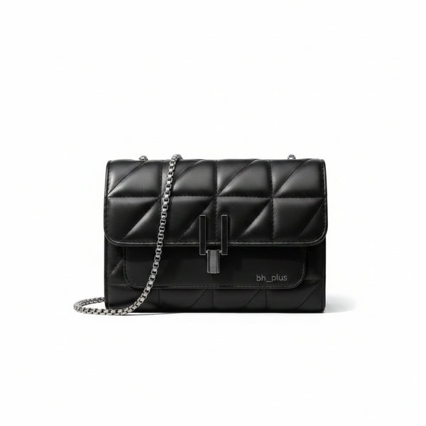 www.bhplus.shop black quilted faux leather crossbody bag with silver chain strap and clasp closure.