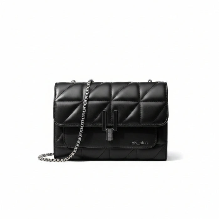 www.bhplus.shop black quilted faux leather crossbody bag with silver chain strap and clasp closure.