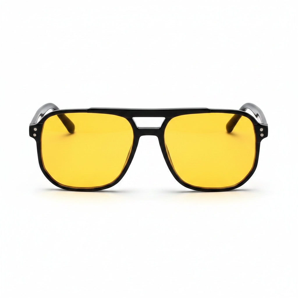 www.bhplus.shop black PC frame aviator sunglasses with yellow lenses, 140mm width.