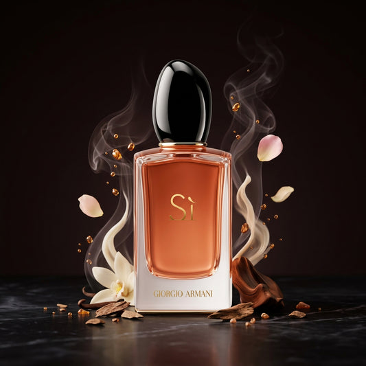 Giorgio Armani Si perfume bottle on a black background with Arabic text and a color gradient list of shades. The bottle contains a peach-orange liquid and has a glossy black cap.