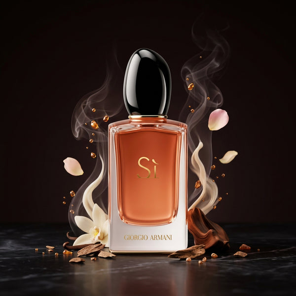 Giorgio Armani Si perfume bottle on a black background with Arabic text and a color gradient list of shades. The bottle contains a peach-orange liquid and has a glossy black cap.
