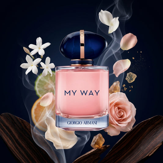 Giorgio Armani My Way perfume bottle on a dark background with Arabic text and a color palette indicating indoor scents: home, room, hospitality, and fragrance.