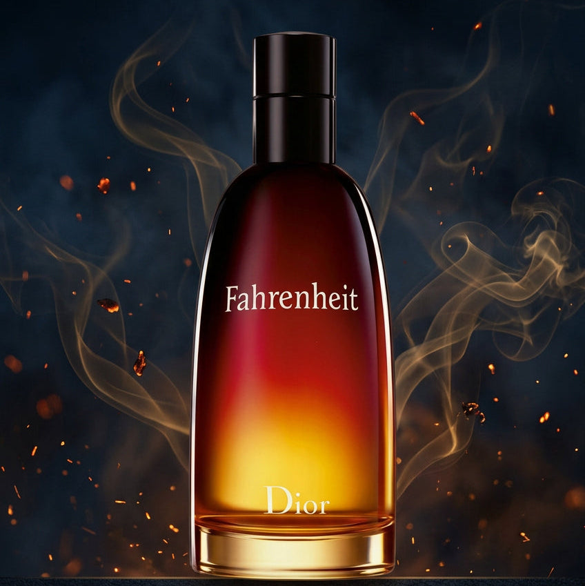 Dior Fahrenheit cologne bottle on a dark background with Arabic text and a stacked color palette labeled by scent notes. The bottle is amber-to-gold with a black cap and Dior/Fahrenheit branding visible.