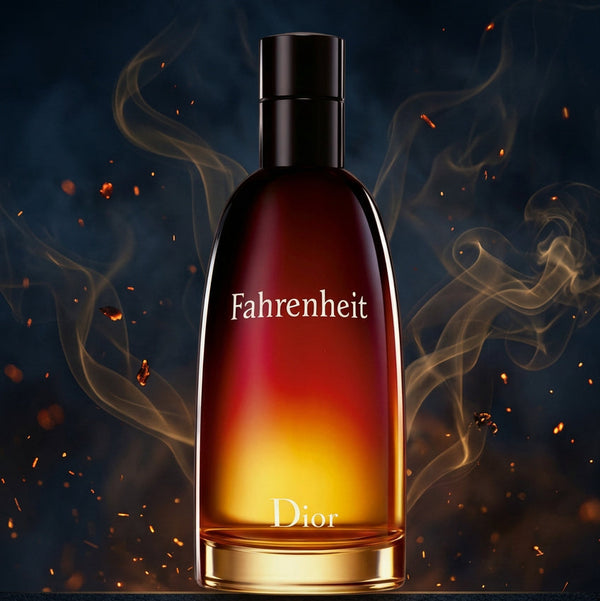 Dior Fahrenheit cologne bottle on a dark background with Arabic text and a stacked color palette labeled by scent notes. The bottle is amber-to-gold with a black cap and Dior/Fahrenheit branding visible.
