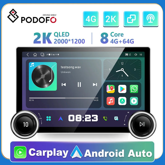 Podofo 8-core 8+128G Android 2K Touch Screen GPS Navigation Car Multimedia Player with wireless carplay/auto universal Player