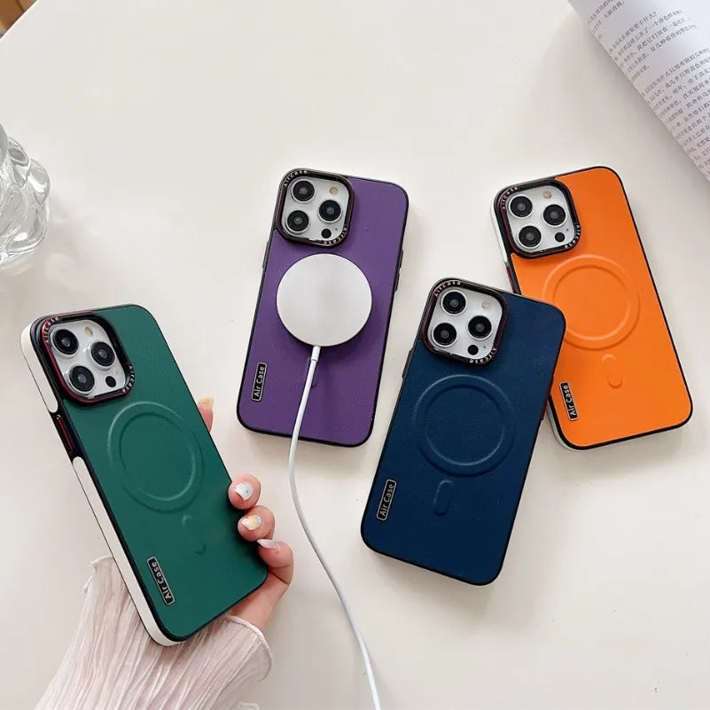 Fashion Contrast Color Leather Case for iPhone 15 Pro Max Magsafe Cases for iPhone 12 13 14 Pro Max Magnetic Shockproof Cover
