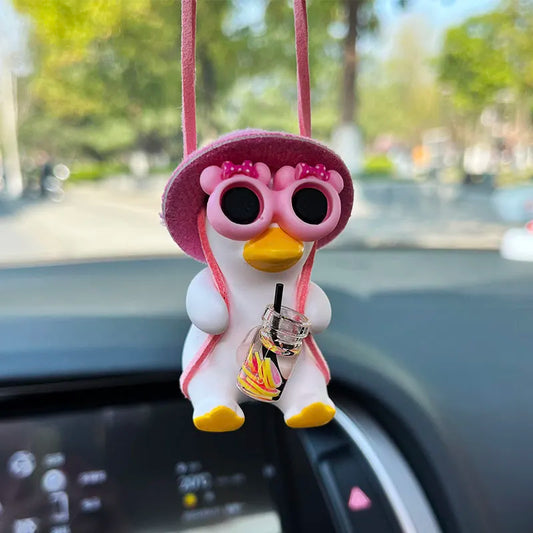 Anime Pink Swing Duck Car Decoration Pendant Cute Auto Rearview Mirror Hanging Ornament For Women Car Ineriror Accessories