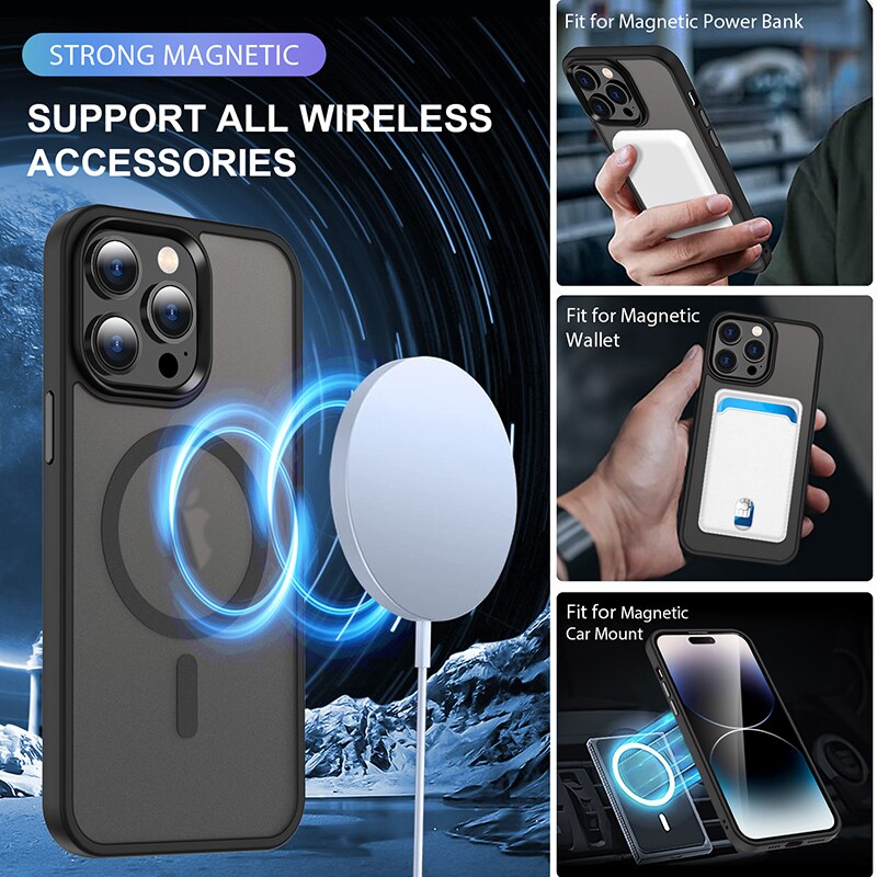 Luxury Magnetic Wireless Charging Case For Magsafe For iPhone 14 Plus 13 12 11 Pro Max Transparent Matte Shockproof Hard Cover
