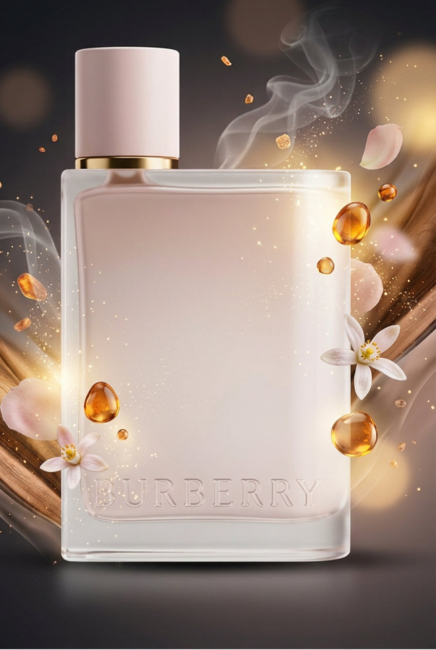 Burberry perfume bottle on a dark background with Arabic text and a color palette indicating fragrance notes. The bottle is clear with a pale pink cap and gold collar.