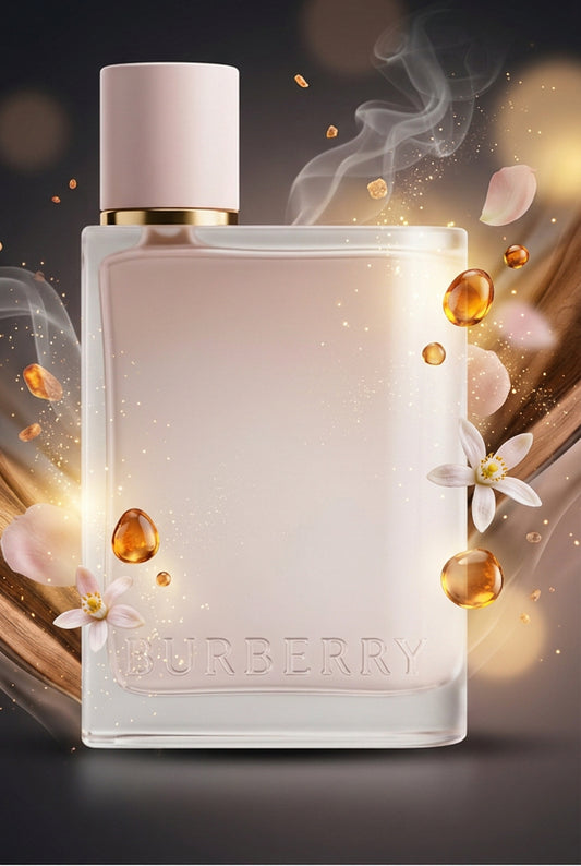 Burberry perfume bottle on a dark background with Arabic text and a color palette indicating fragrance notes. The bottle is clear with a pale pink cap and gold collar.