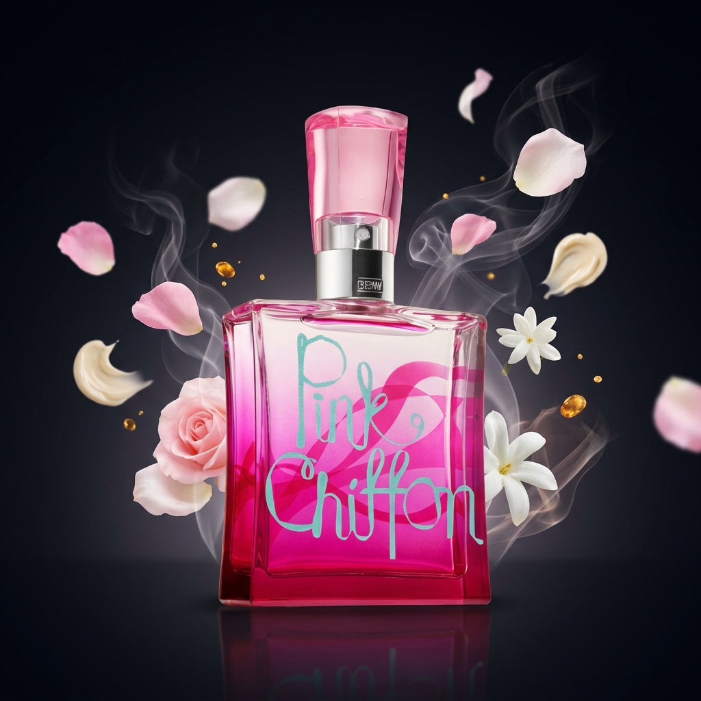 Bath & Body Works Pink Chiffon perfume bottle on a dark background with a color ranking chart and Arabic text.