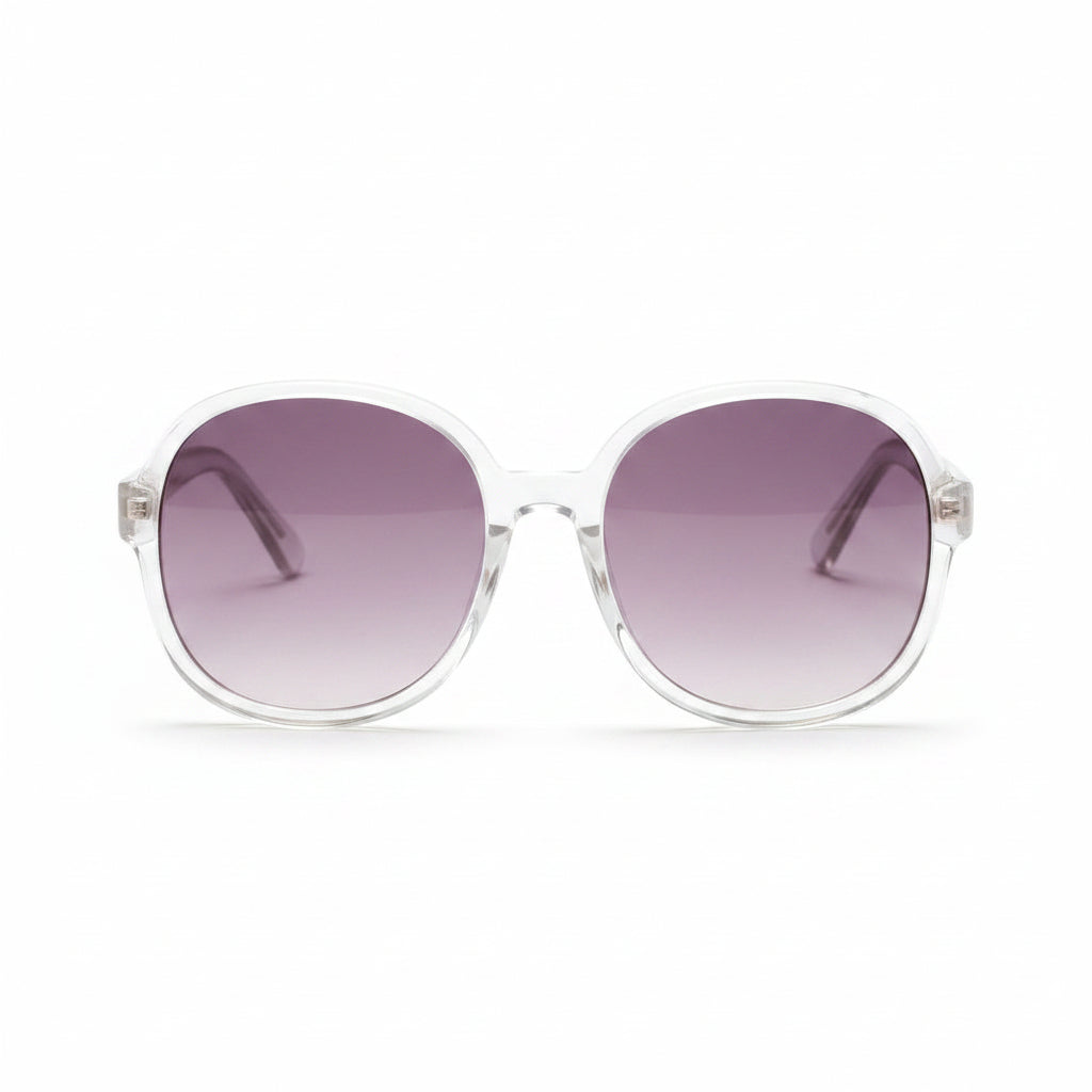 www.bhplus.shop oversized clear frame sunglasses with gradient purple lenses.