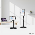www.bhplus.shop black adjustable 360-degree rotating phone stand for desktop use, ideal for video calls and content creation.