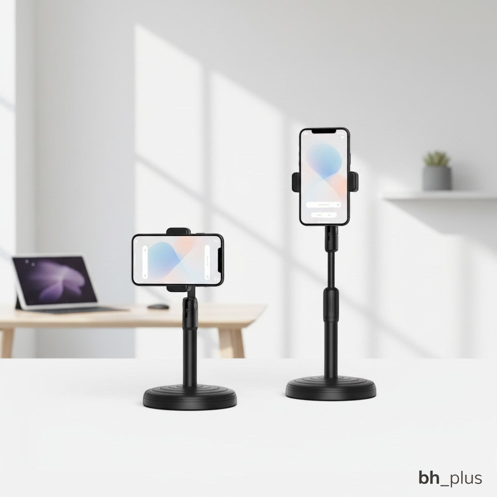 www.bhplus.shop black adjustable 360-degree rotating phone stand for desktop use, ideal for video calls and content creation.