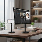 www.bhplus.shop black adjustable 360-degree rotating phone stand for desk, ideal for video calls and content creation.