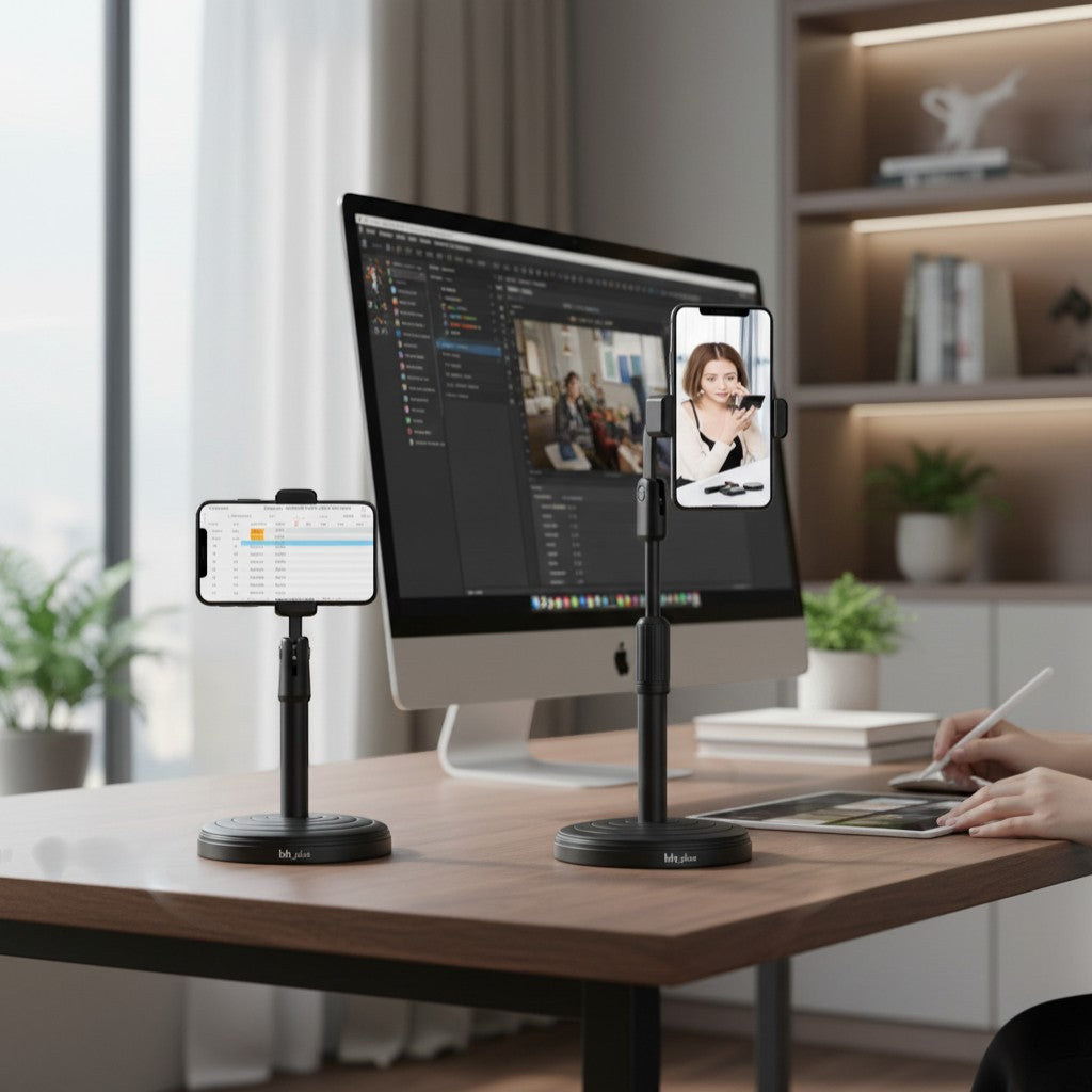 www.bhplus.shop black adjustable 360-degree rotating phone stand for desk, ideal for video calls and content creation.