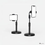 www.bhplus.shop black adjustable 360-degree rotating phone stand for desk, ideal for video calls and content creation.