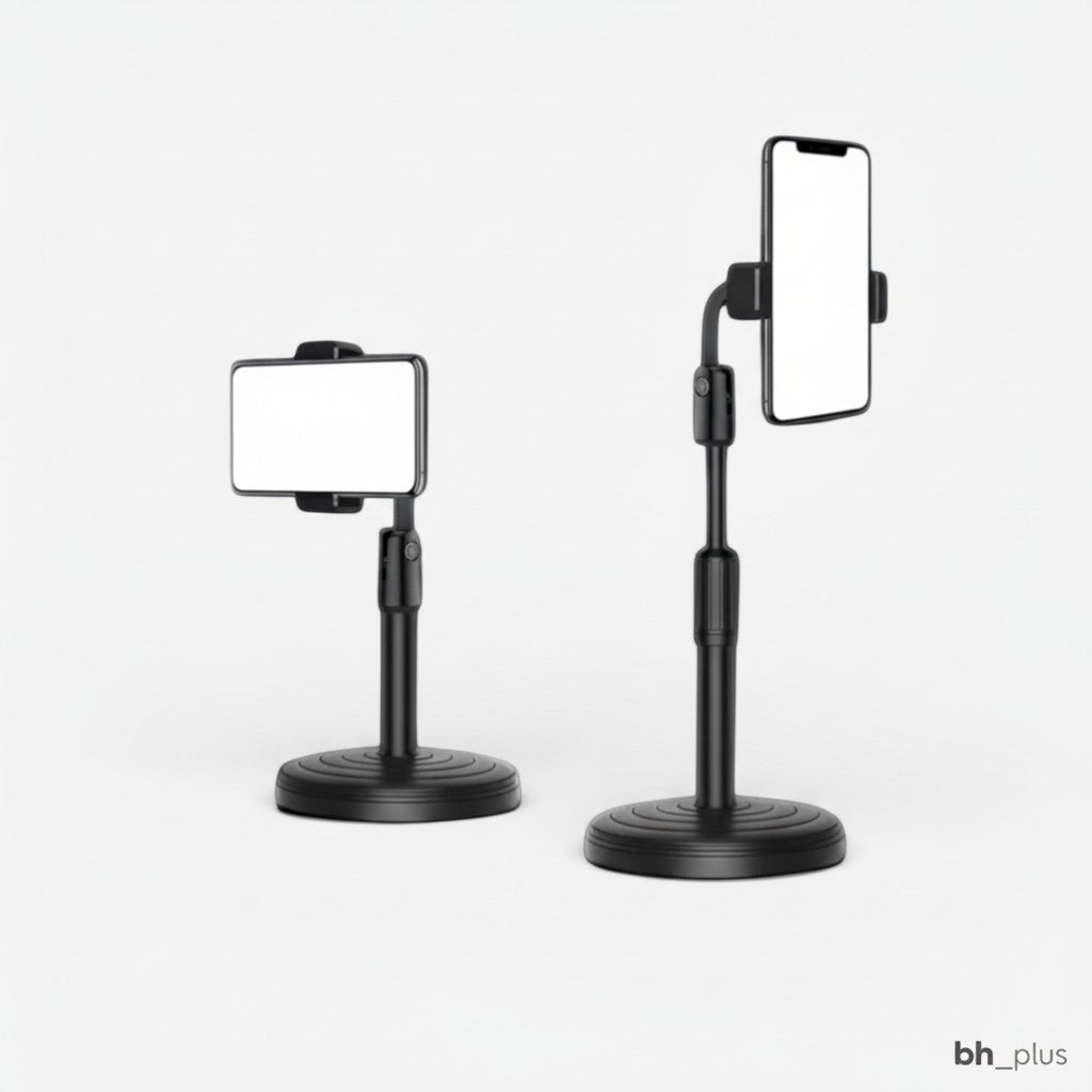www.bhplus.shop black adjustable 360-degree rotating phone stand for desk, ideal for video calls and content creation.