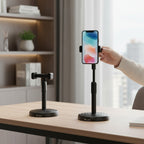 www.bhplus.shop black adjustable 360-degree rotating phone stand for desktop use, ideal for video calls and content creation.