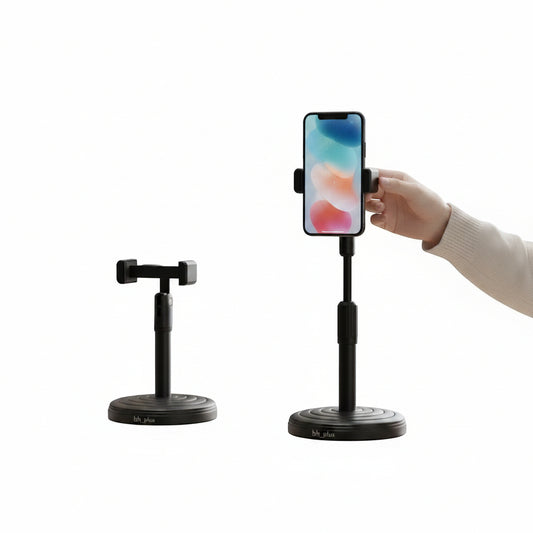 www.bhplus.shop black adjustable 360-degree rotating phone stand for desktop use, ideal for video calls and content creation.