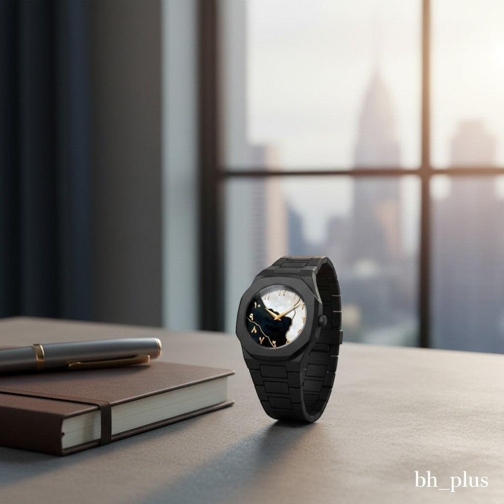 www.bhplus.shop black metal watch with a unique mother-of-pearl dial featuring Arabic numerals and gold hands.