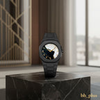 www.bhplus.shop black metal watch with a mother-of-pearl dial featuring Arabic numerals and gold hands.