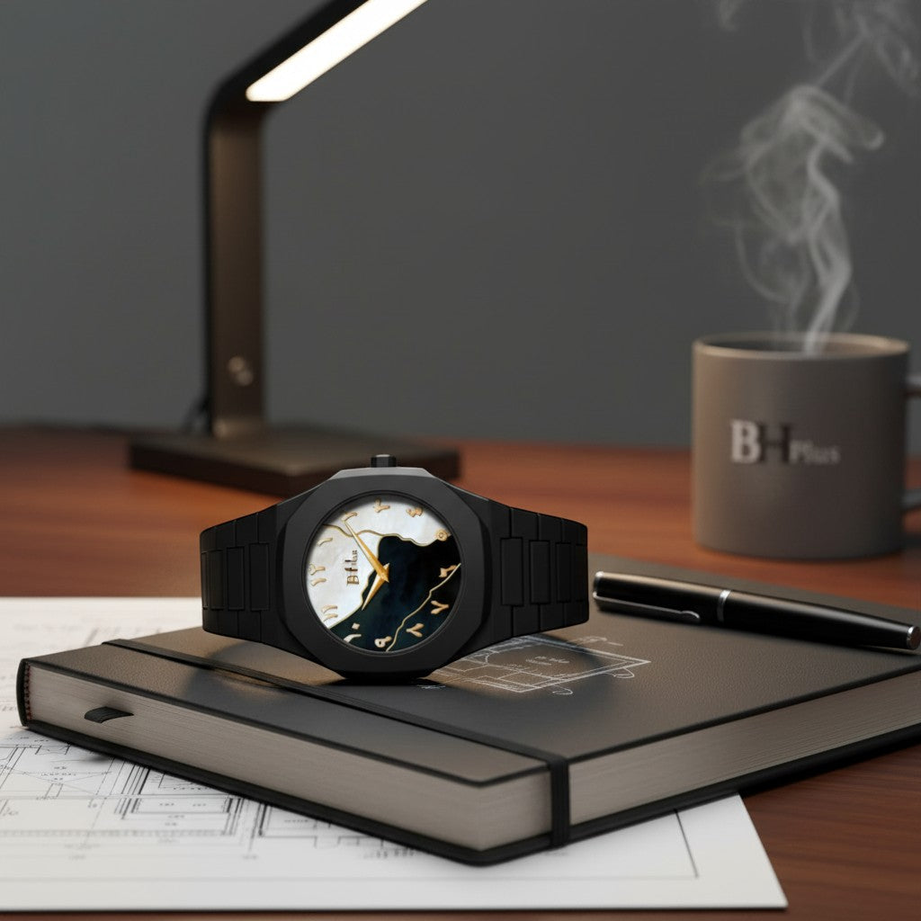 www.bhplus.shop black metal watch with a mother-of-pearl dial featuring Arabic numerals and gold hands.