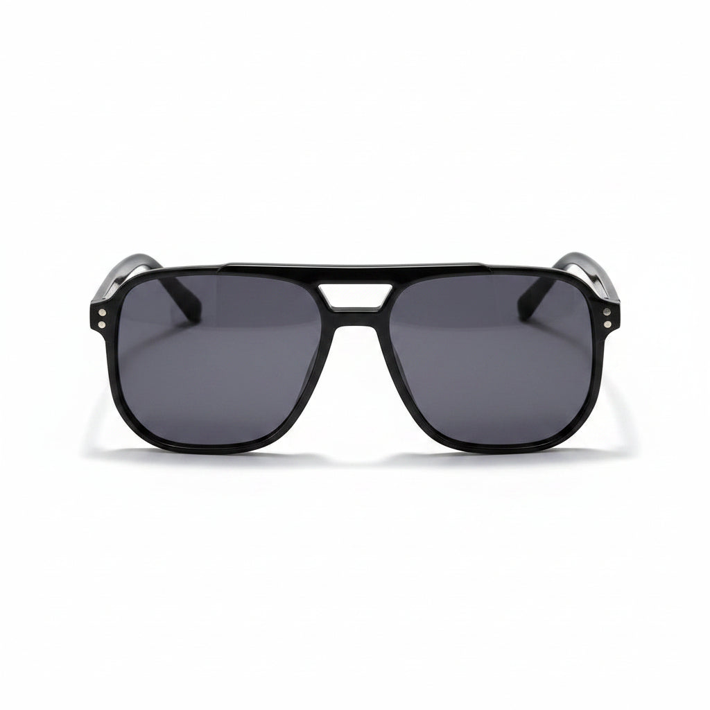www.bhplus.shop black aviator sunglasses with dark grey lenses and durable PC frames.