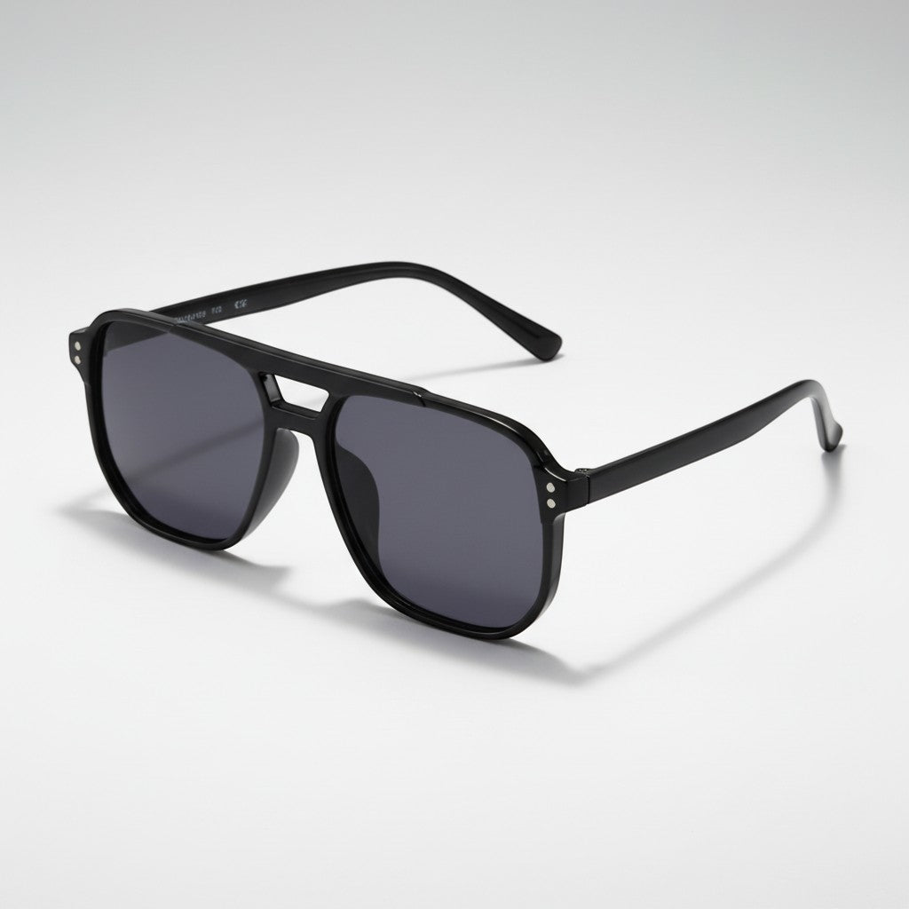 www.bhplus.shop black aviator sunglasses with dark grey lenses and durable PC frames.