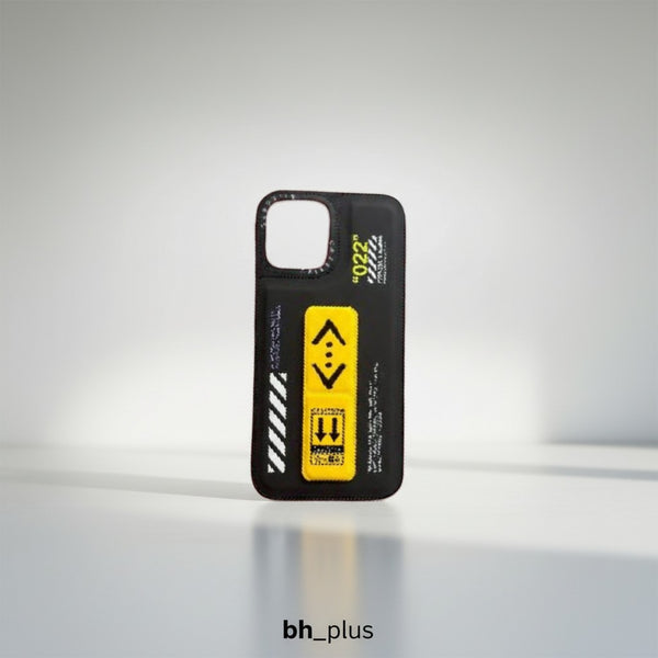 www.bhplus.shop black iPhone case with yellow "022" graphic and directional arrows.