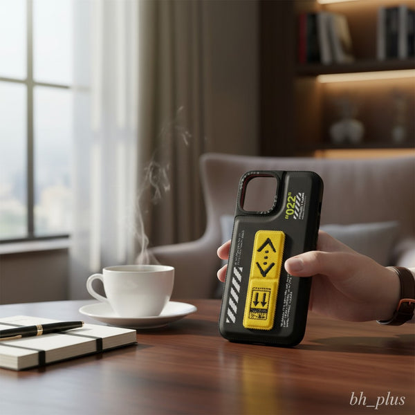 www.bhplus.shop black iPhone case with yellow "022" graphic and directional arrows.