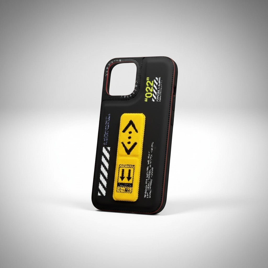 www.bhplus.shop black iPhone case with yellow "022" graphic and directional arrows.