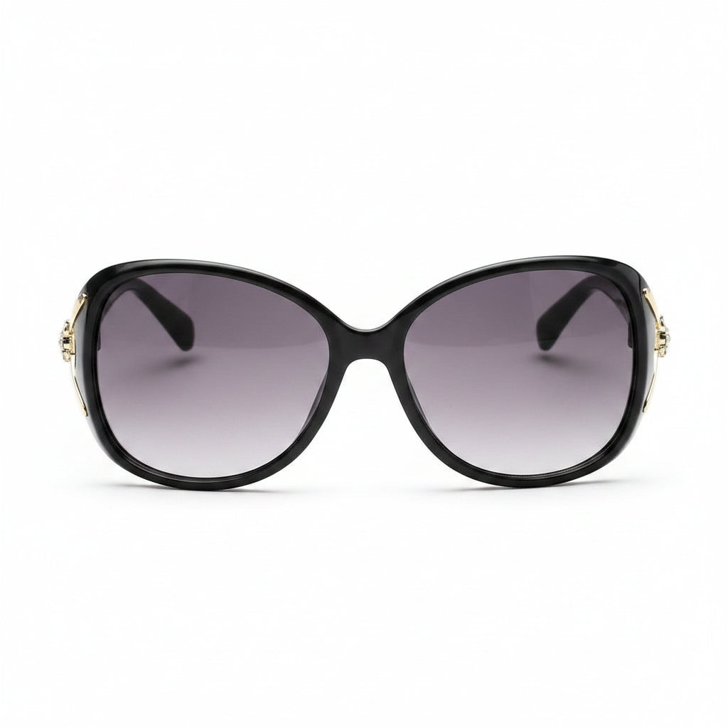 www.bhplus.shop black oversized butterfly sunglasses with gold accent and gradient lenses.