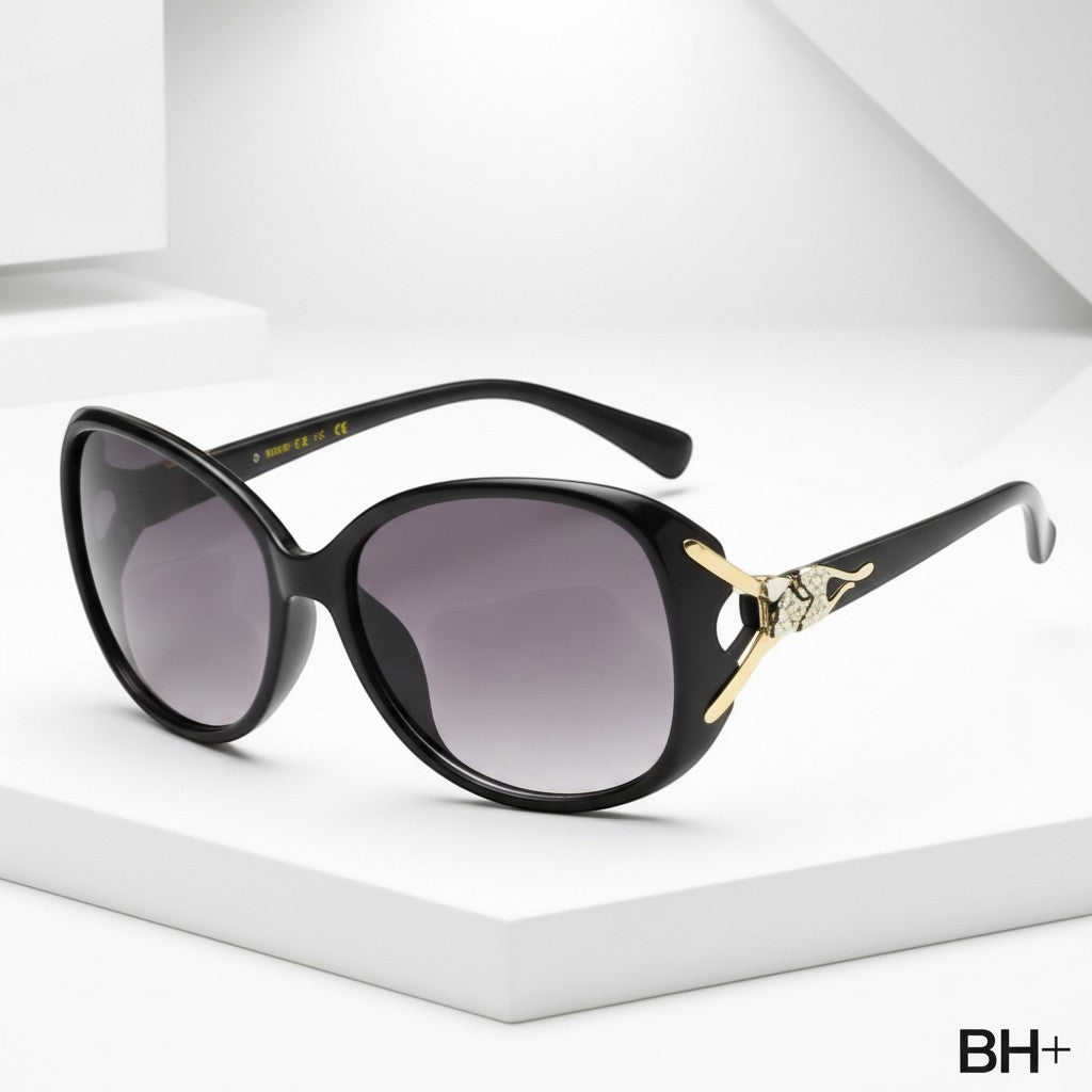 www.bhplus.shop black oversized butterfly sunglasses with gold accent and gradient lenses.