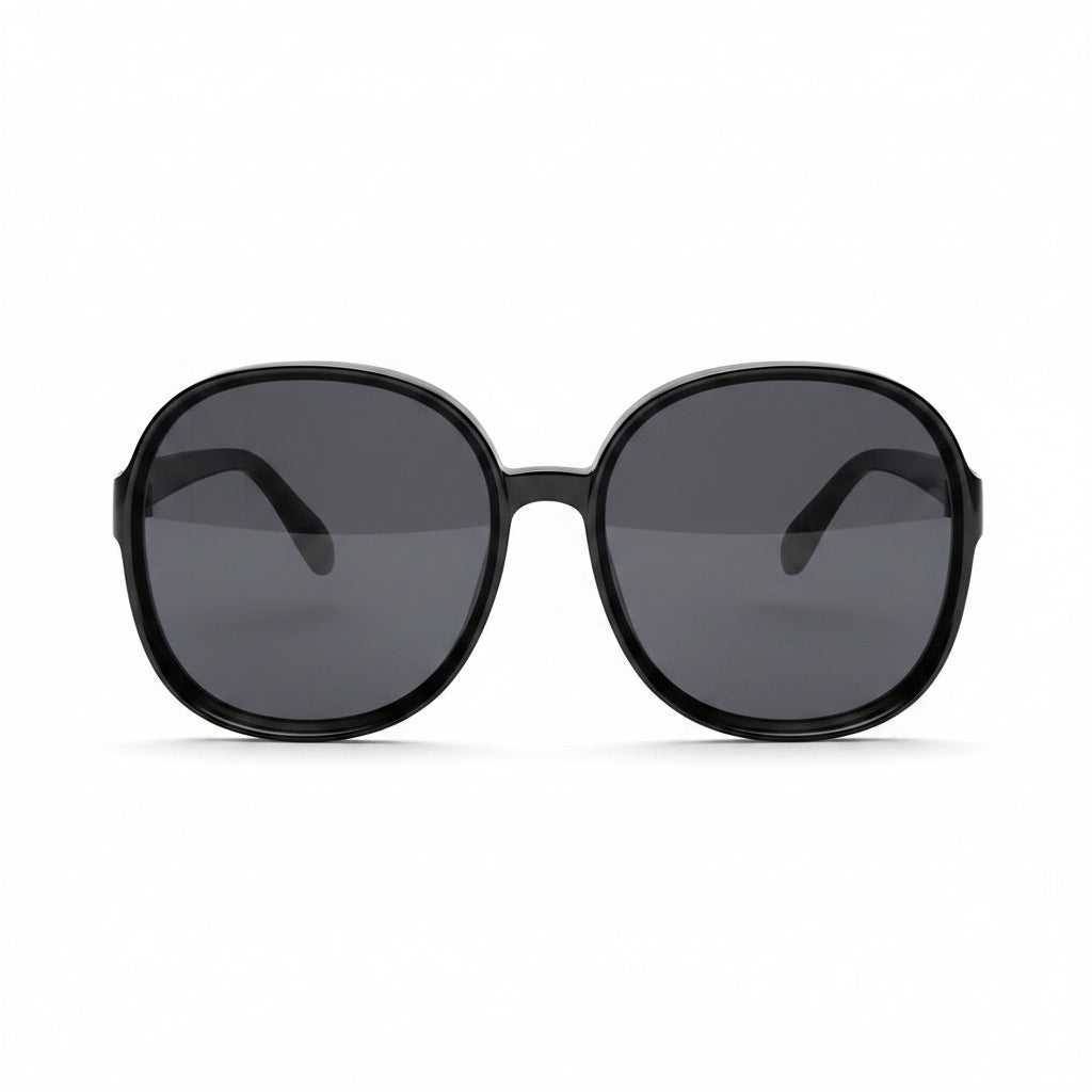 www.bhplus.shop black oversized round frame sunglasses with dark grey lenses.