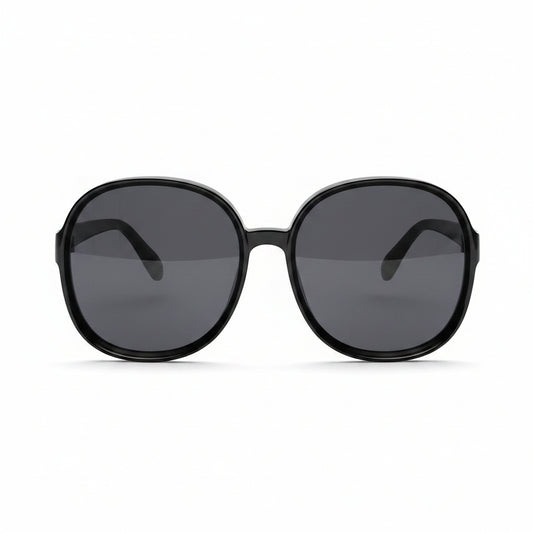www.bhplus.shop black oversized round frame sunglasses with dark grey lenses.
