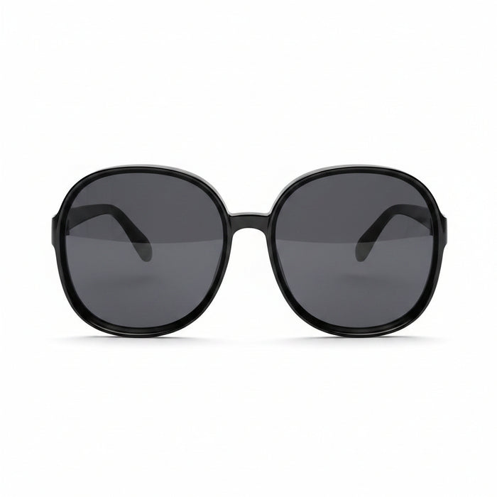 www.bhplus.shop black oversized round frame sunglasses with dark grey lenses.