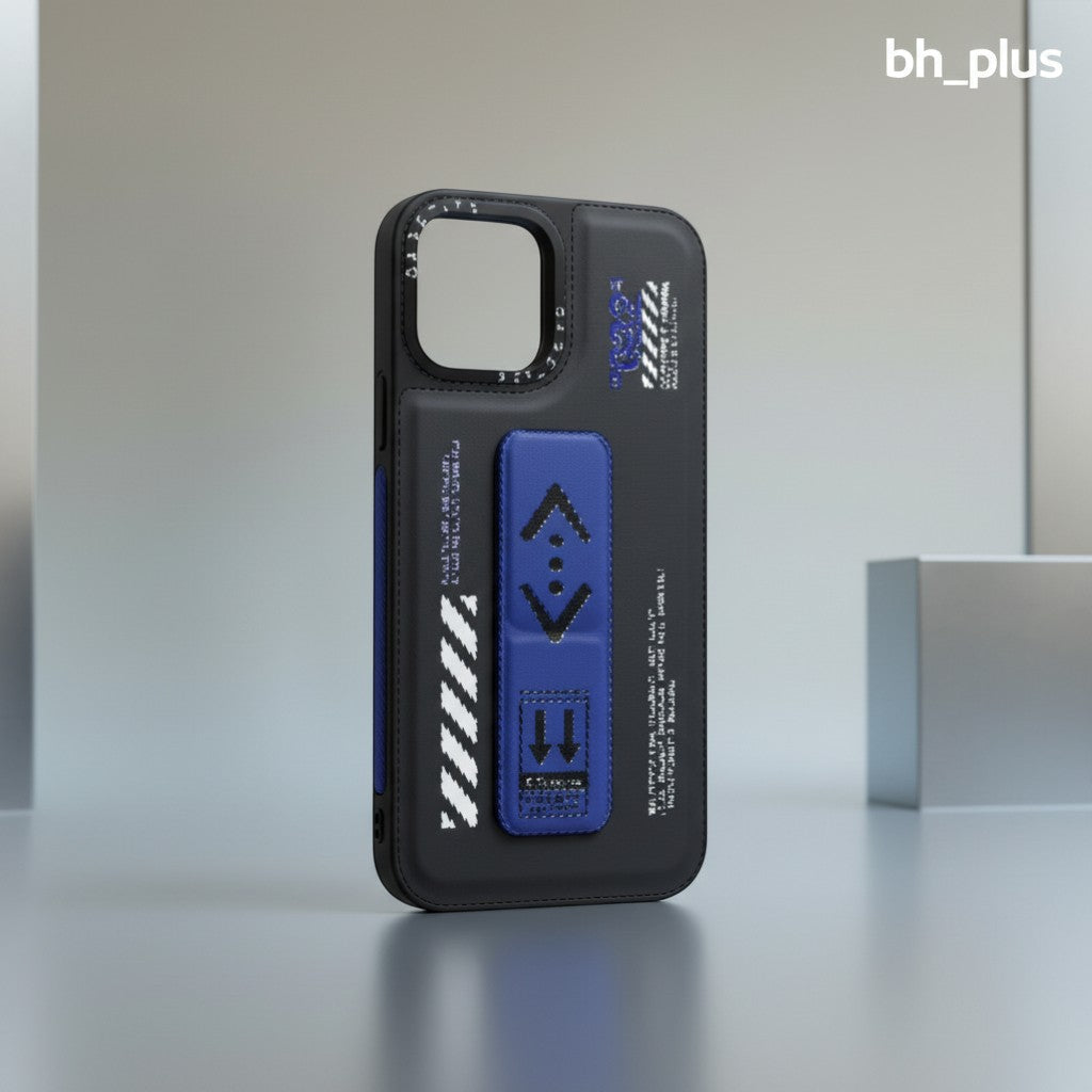 www.bhplus.shop black phone case with blue grip, power bank, and stand. Features industrial design.