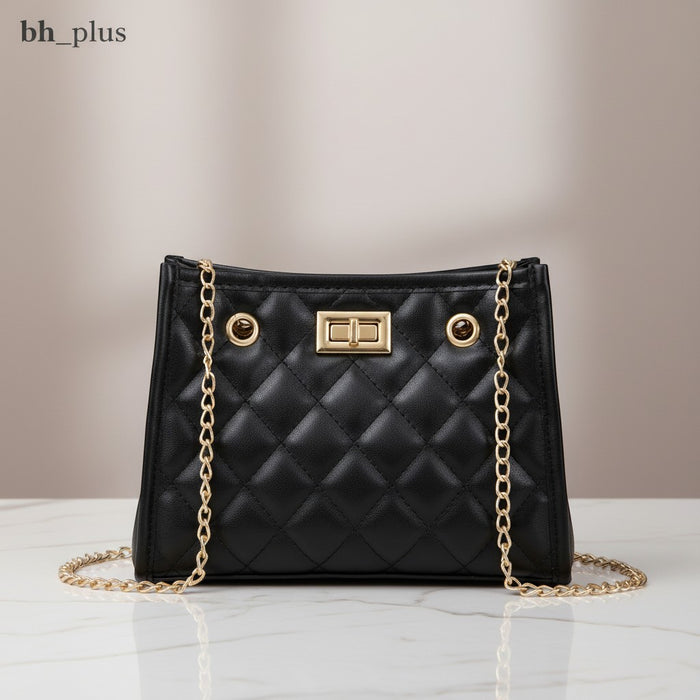 www.bhplus.shop black quilted faux leather crossbody bag with gold chain strap and turn-lock closure.