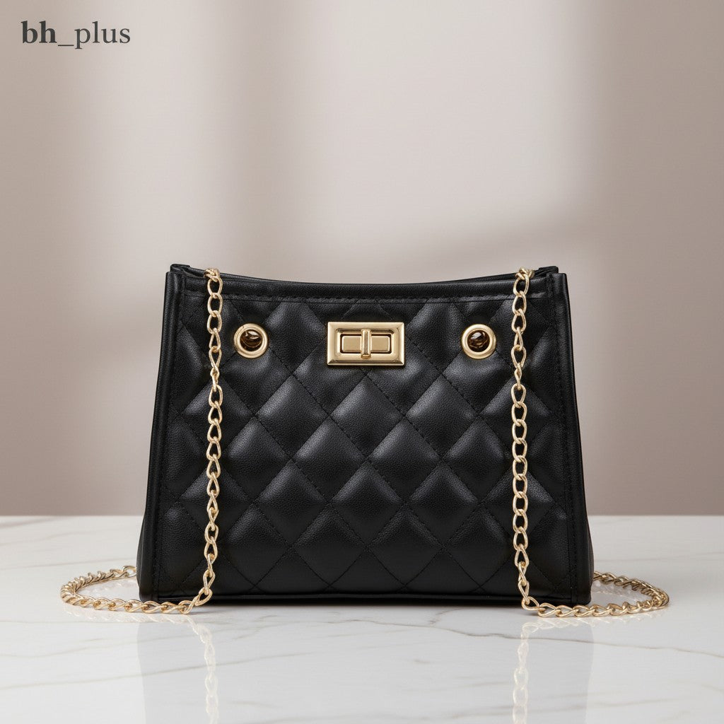 www.bhplus.shop black quilted faux leather crossbody bag with gold chain strap and turn-lock closure.
