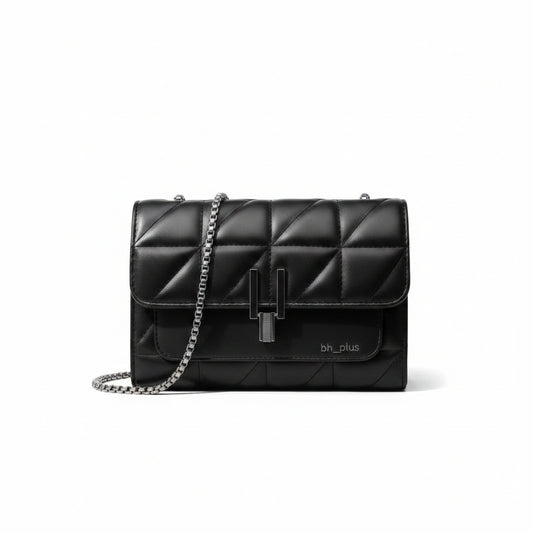 www.bhplus.shop black quilted faux leather crossbody bag with silver chain strap and clasp closure.