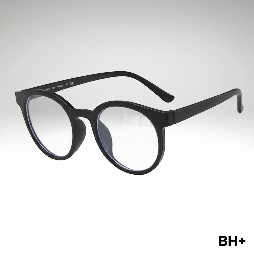 www.bhplus.shop black round frame computer glasses for blue light protection and eye strain reduction.