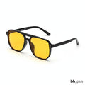 www.bhplus.shop black PC frame aviator sunglasses with yellow lenses, 140mm width.