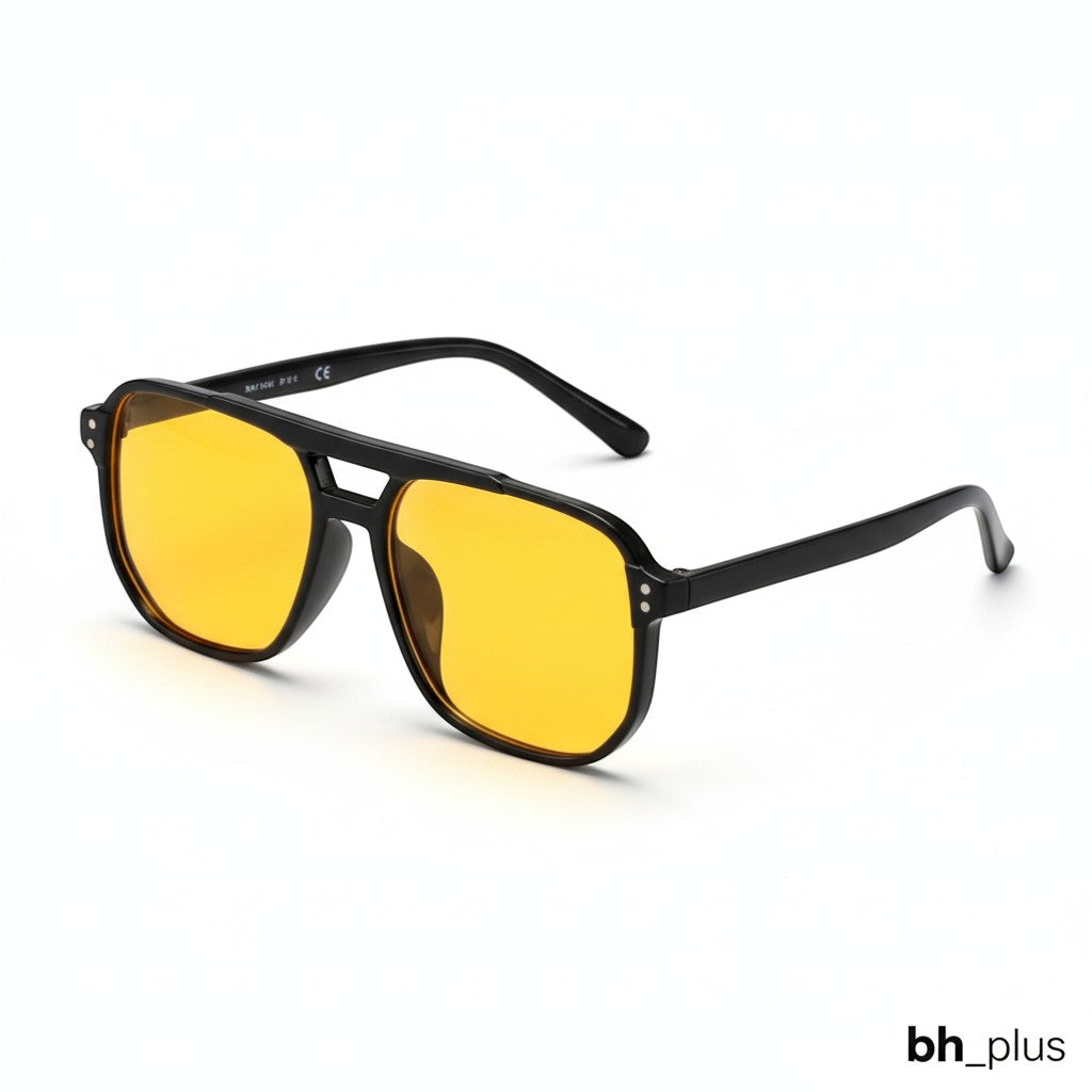 www.bhplus.shop black PC frame aviator sunglasses with yellow lenses, 140mm width.