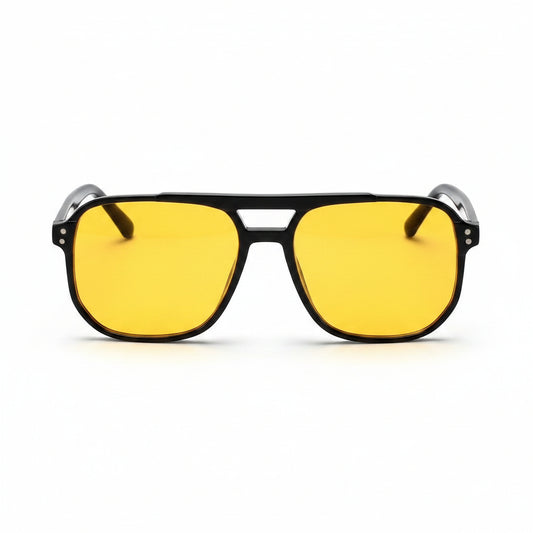 www.bhplus.shop black PC frame aviator sunglasses with yellow lenses, 140mm width.