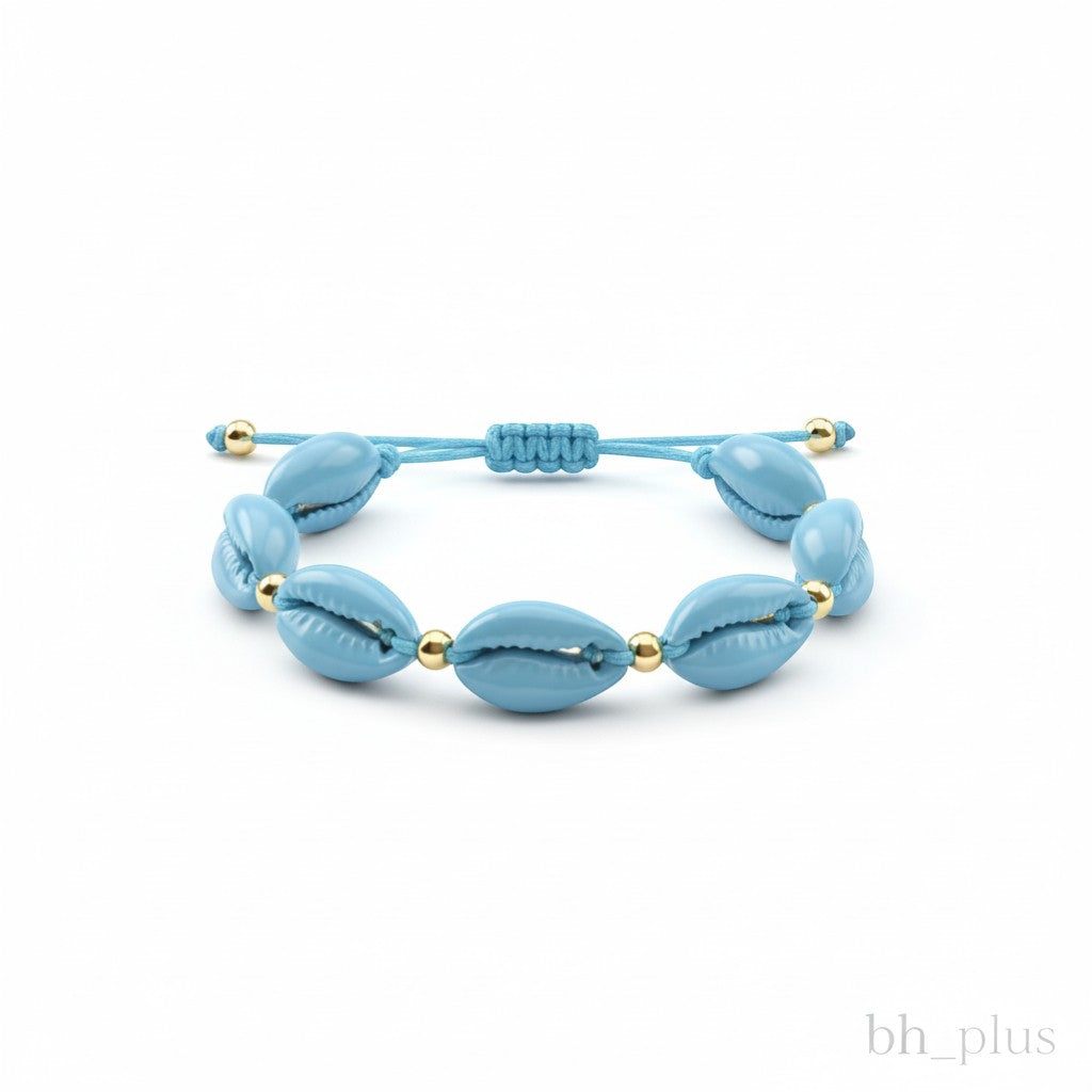 www.bhplus.shop blue shell charm bracelet with gold accents on adjustable cord