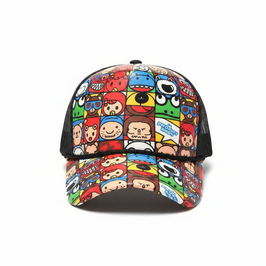 www.bhplus.shop children's cap with a colorful cartoon character print and black mesh back.