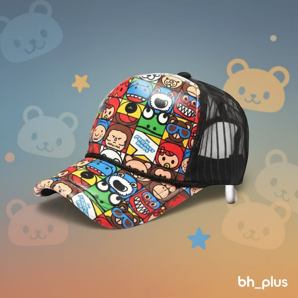 www.bhplus.shop children's cap with a colorful cartoon character print and black mesh back.