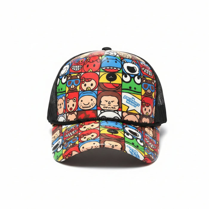www.bhplus.shop children's cap with a colorful cartoon character print and black mesh back.
